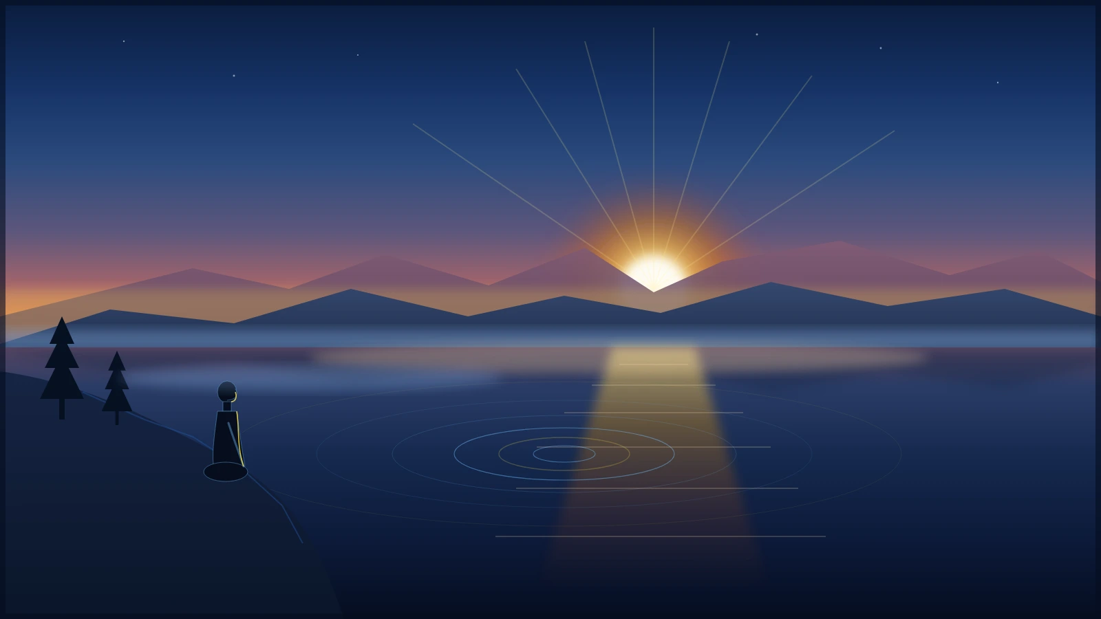 Quiet personal reflection beside a serene mountain lake at sunrise with concentric water ripples