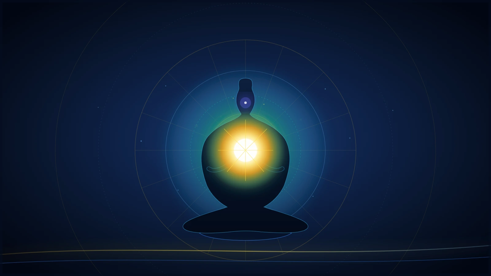 Heart-centred mindfulness meditation with radiant golden awareness expanding in deep navy space