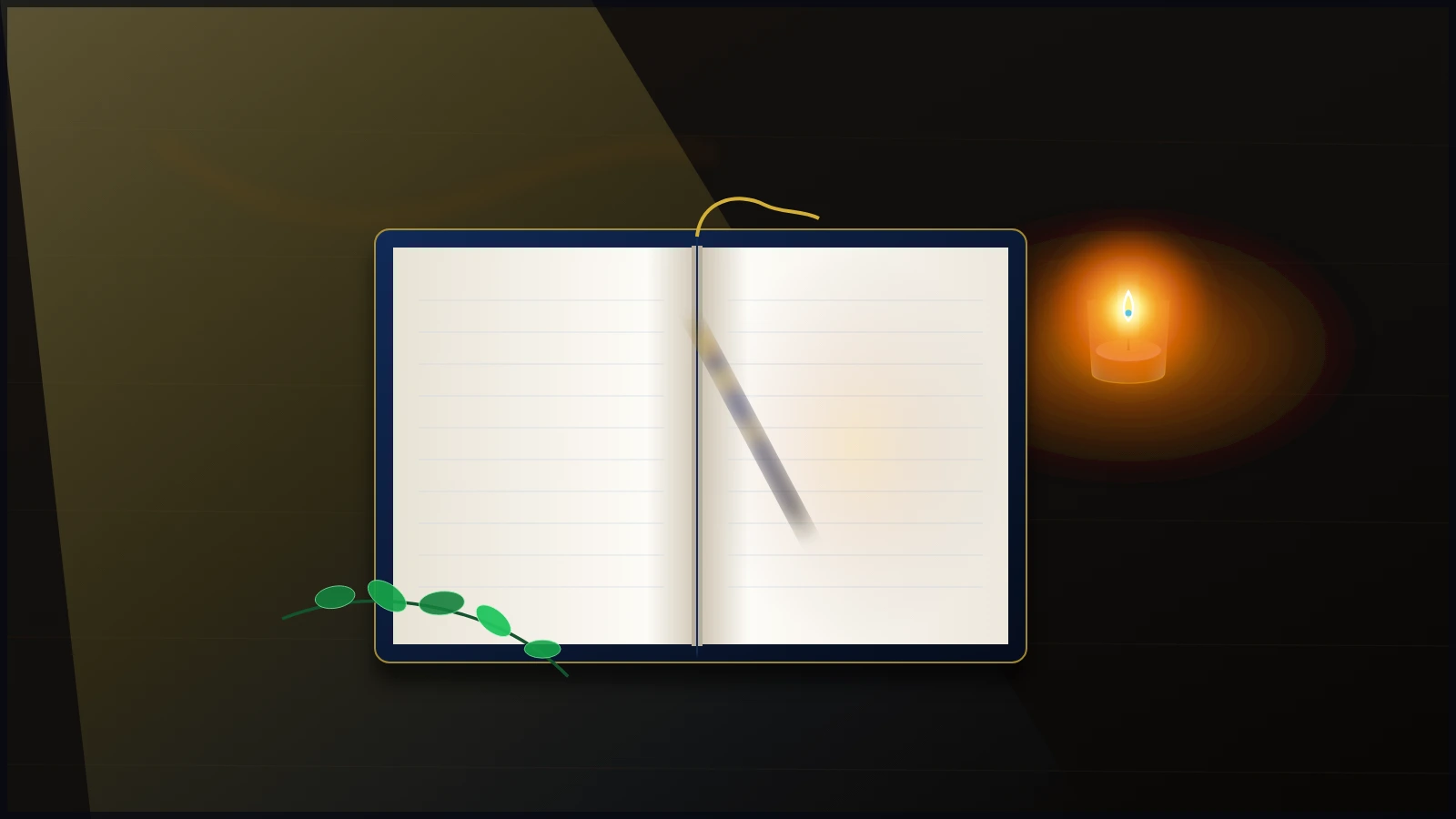 Mindful daily journaling scene with open notebook, fountain pen, warm glowing candle, and natural morning light