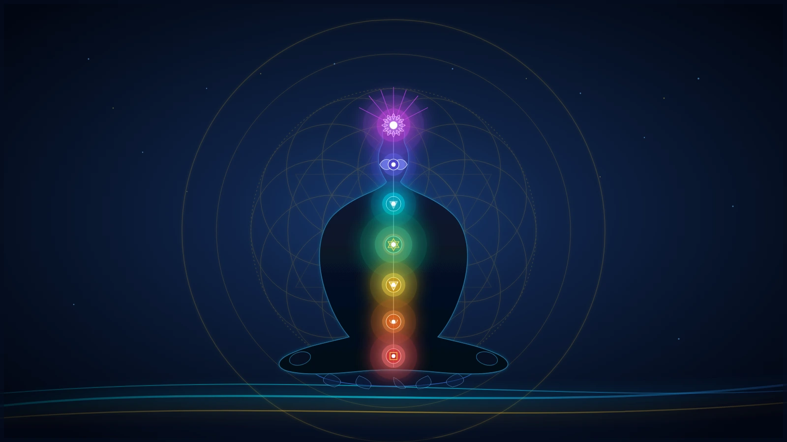 Serene meditating silhouette with seven luminous aligned chakras and sacred geometry